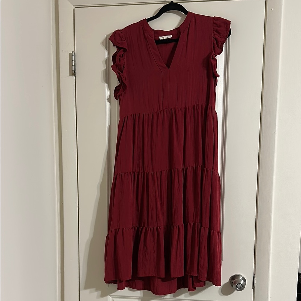 Entro Red Tiered Midi Ruffle Sleeved Dress